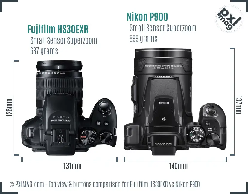 Fujifilm HS30EXR vs Nikon P900 top view buttons comparison