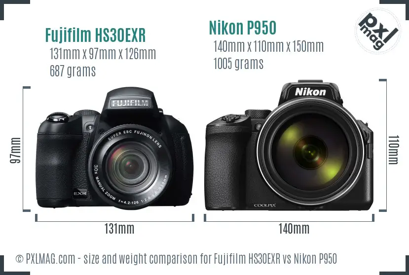 Fujifilm HS30EXR vs Nikon P950 size comparison