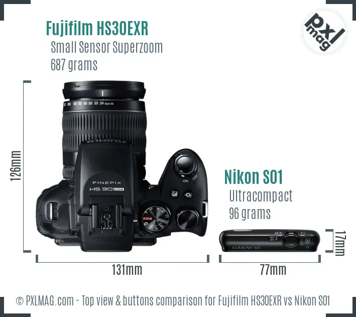 Fujifilm HS30EXR vs Nikon S01 top view buttons comparison