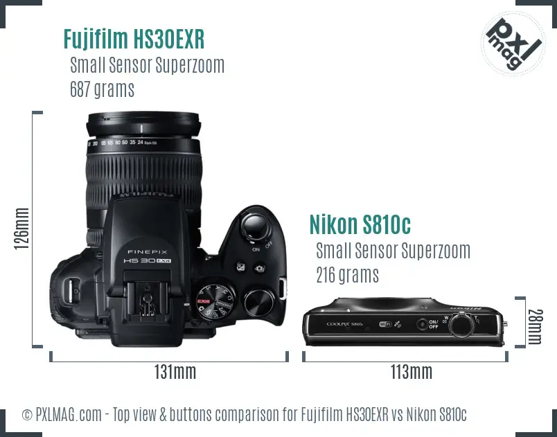 Fujifilm HS30EXR vs Nikon S810c top view buttons comparison Fujifilm HS30EXR vs Nikon S810c top view buttons comparison