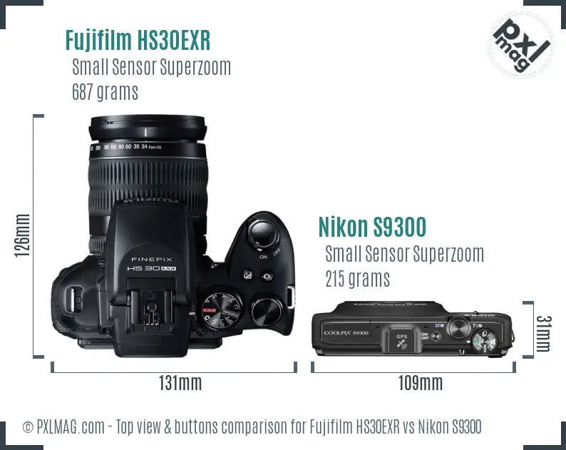 Fujifilm HS30EXR vs Nikon S9300 top view buttons comparison