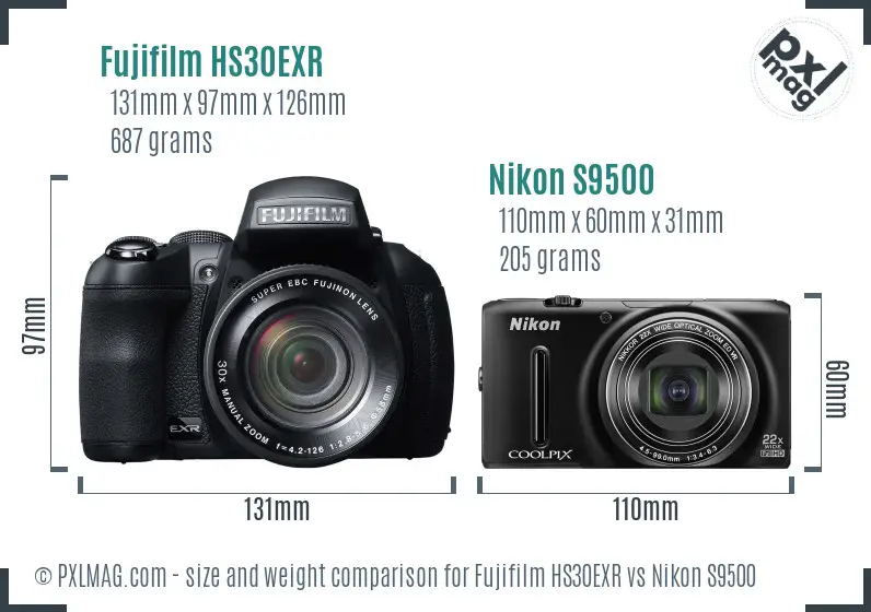 Fujifilm HS30EXR vs Nikon S9500 size comparison