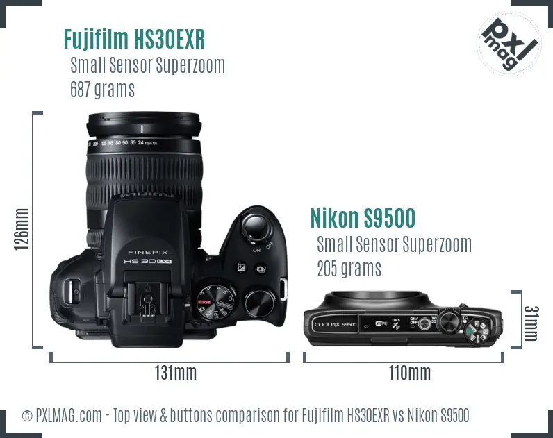 Fujifilm HS30EXR vs Nikon S9500 top view buttons comparison