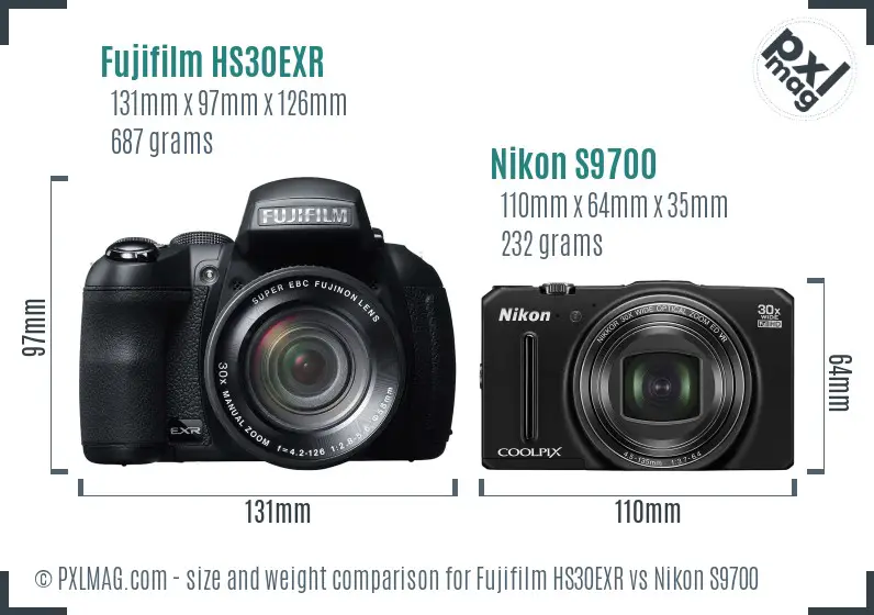 Fujifilm HS30EXR vs Nikon S9700 size comparison