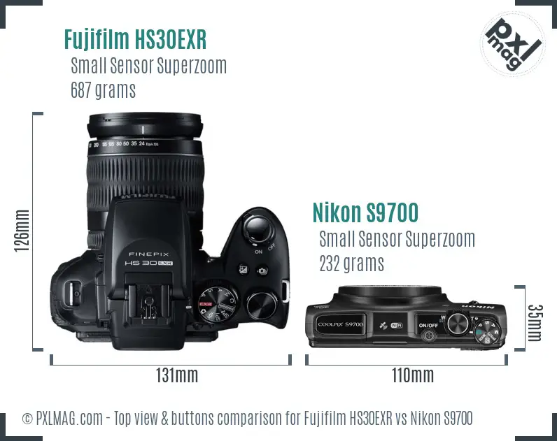 Fujifilm HS30EXR vs Nikon S9700 top view buttons comparison