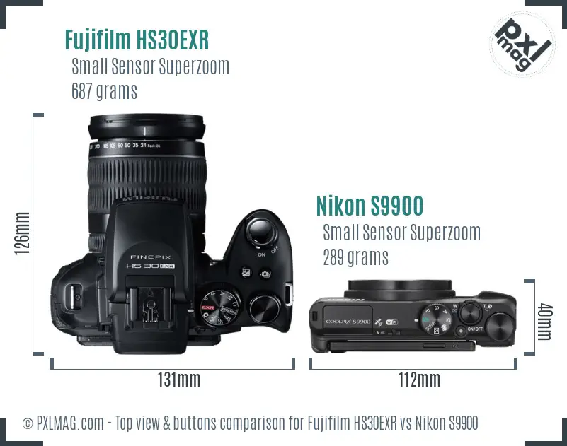 Fujifilm HS30EXR vs Nikon S9900 top view buttons comparison Fujifilm HS30EXR vs Nikon S9900 top view buttons comparison