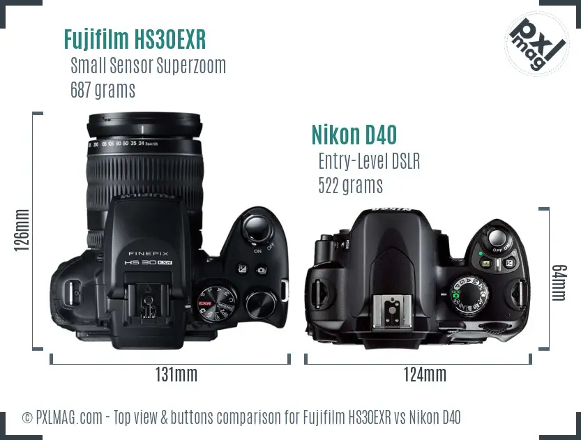 Fujifilm HS30EXR vs Nikon D40 top view buttons comparison