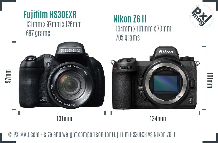 Fujifilm HS30EXR vs Nikon Z6 II size comparison