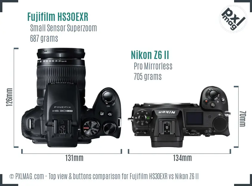 Fujifilm HS30EXR vs Nikon Z6 II top view buttons comparison