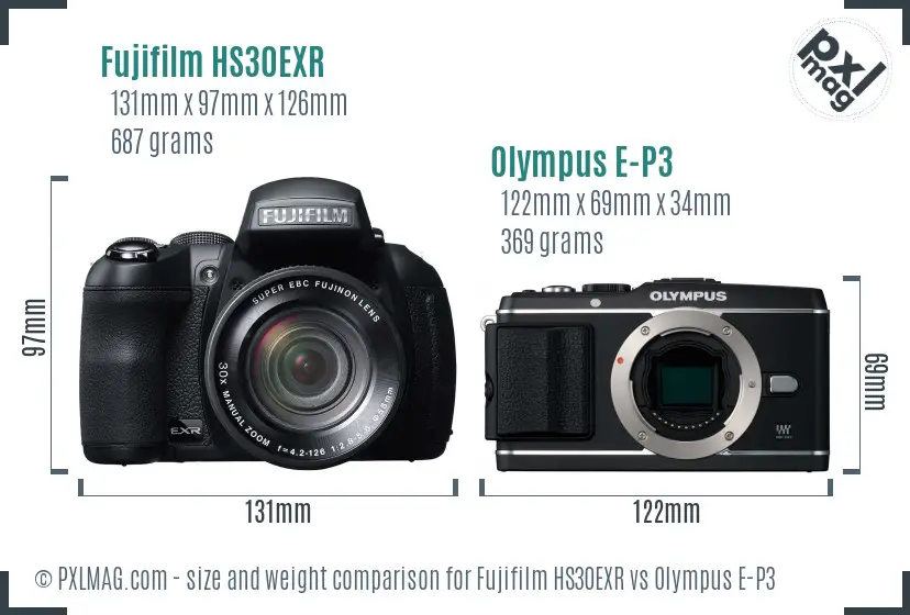 Fujifilm HS30EXR vs Olympus E-P3 size comparison