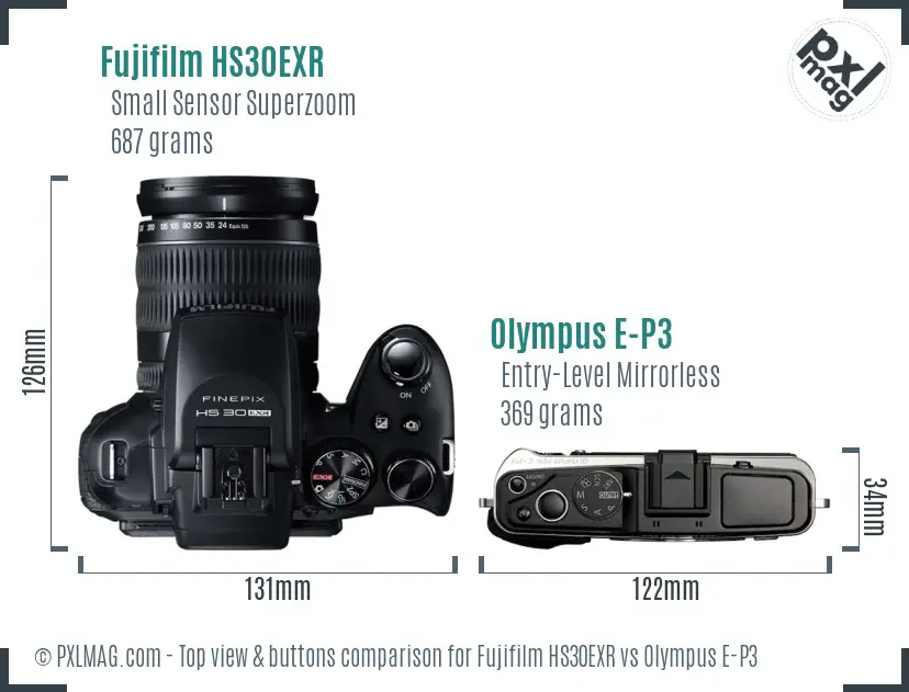 Fujifilm HS30EXR vs Olympus E-P3 top view buttons comparison