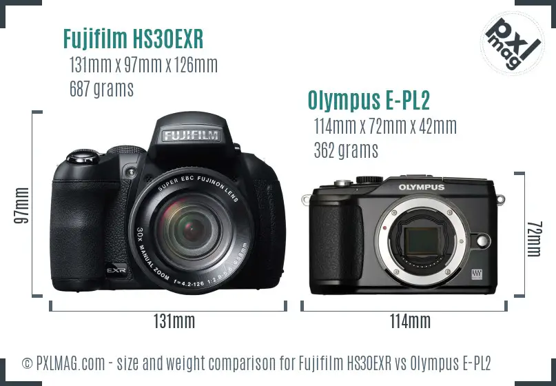 Fujifilm HS30EXR vs Olympus E-PL2 size comparison