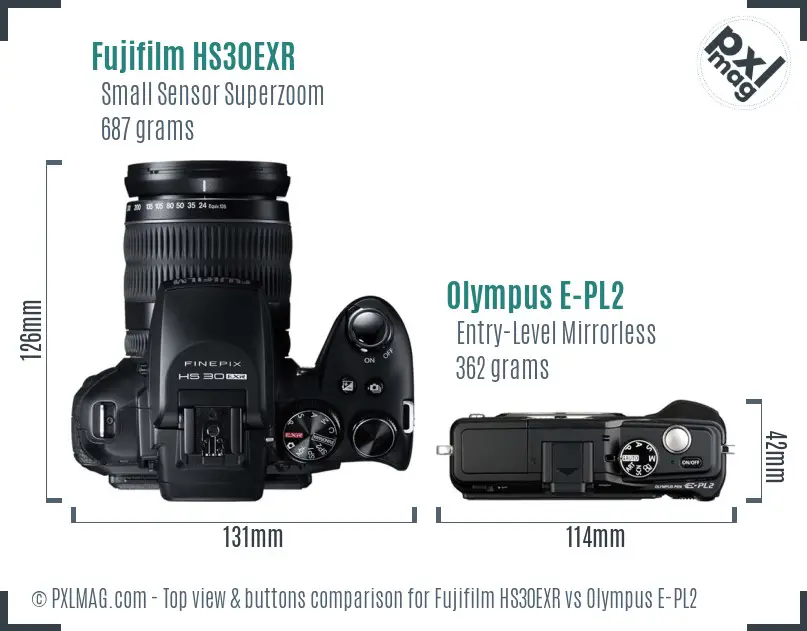 Fujifilm HS30EXR vs Olympus E-PL2 top view buttons comparison