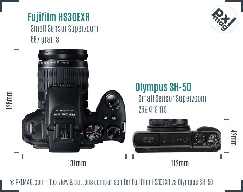 Fujifilm HS30EXR vs Olympus SH-50 top view buttons comparison