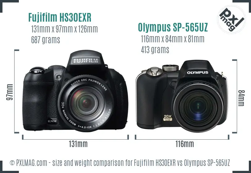 Fujifilm HS30EXR vs Olympus SP-565UZ size comparison