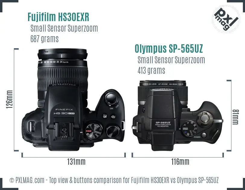 Fujifilm HS30EXR vs Olympus SP-565UZ top view buttons comparison