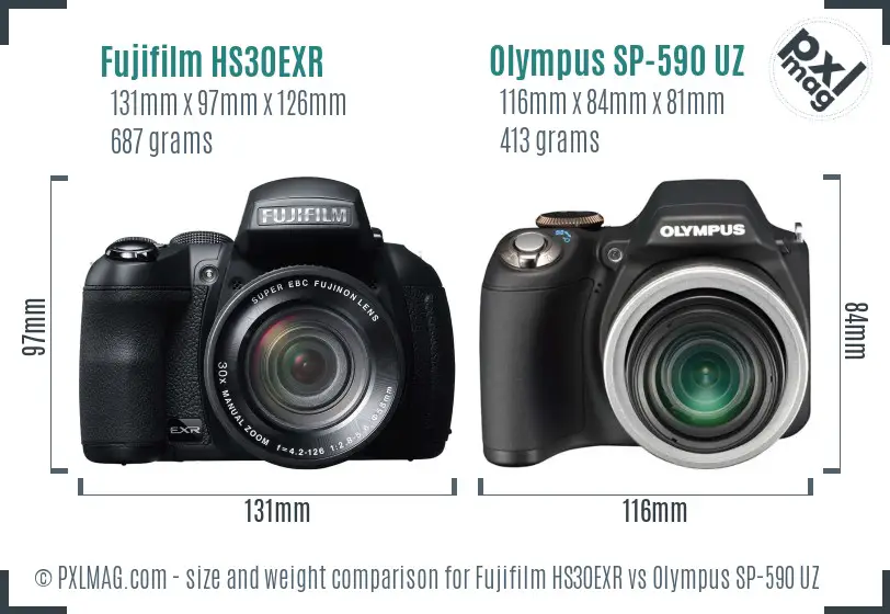 Fujifilm HS30EXR vs Olympus SP-590 UZ size comparison