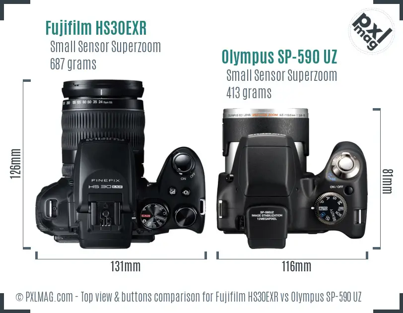 Fujifilm HS30EXR vs Olympus SP-590 UZ top view buttons comparison