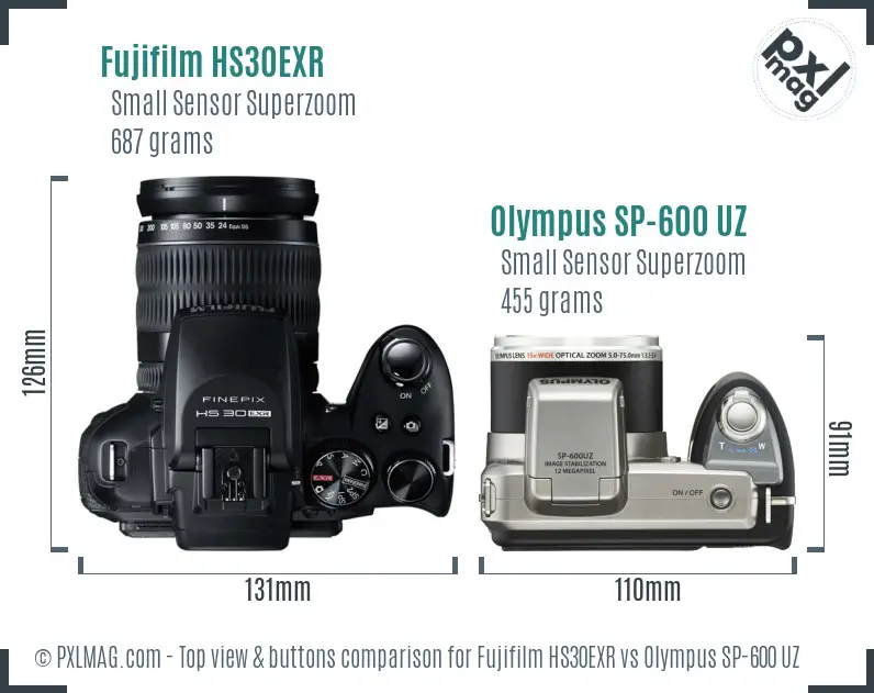 Fujifilm HS30EXR vs Olympus SP-600 UZ top view buttons comparison