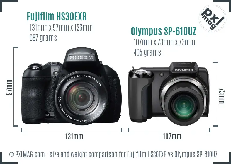 Fujifilm HS30EXR vs Olympus SP-610UZ size comparison Fujifilm HS30EXR vs Olympus SP-610UZ size comparison