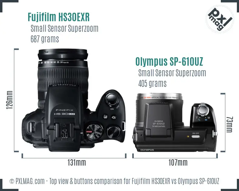 Fujifilm HS30EXR vs Olympus SP-610UZ top view buttons comparison Fujifilm HS30EXR vs Olympus SP-610UZ top view buttons comparison
