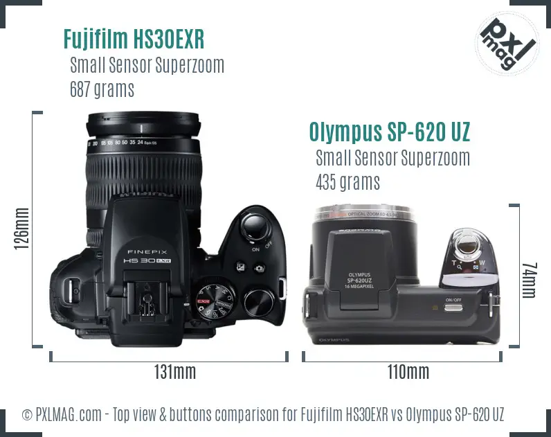 Fujifilm HS30EXR vs Olympus SP-620 UZ top view buttons comparison