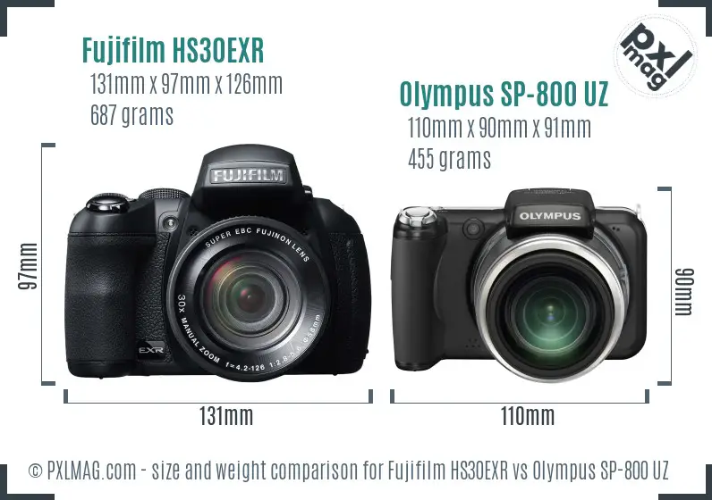 Fujifilm HS30EXR vs Olympus SP-800 UZ size comparison