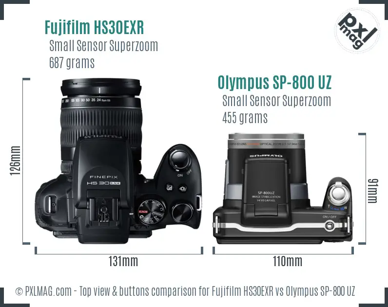 Fujifilm HS30EXR vs Olympus SP-800 UZ top view buttons comparison