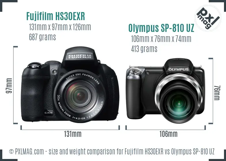 Fujifilm HS30EXR vs Olympus SP-810 UZ size comparison