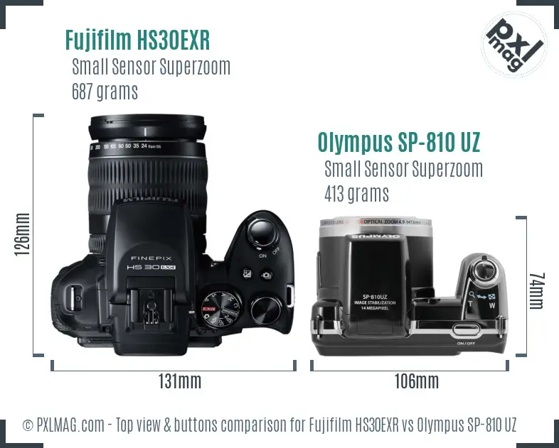 Fujifilm HS30EXR vs Olympus SP-810 UZ top view buttons comparison