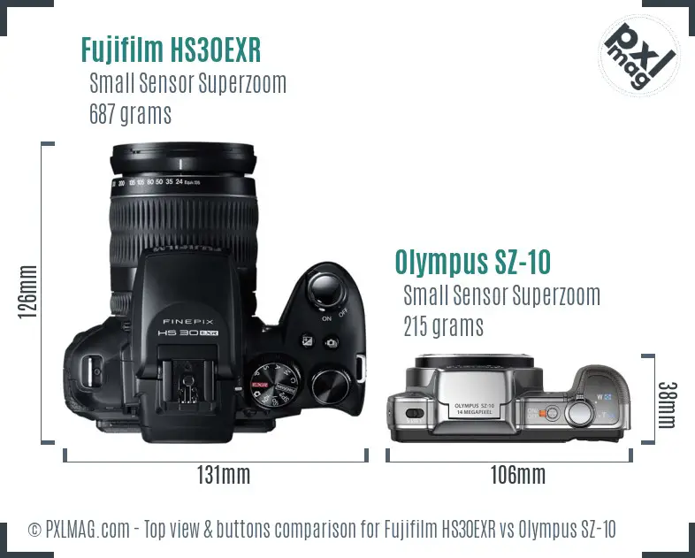Fujifilm HS30EXR vs Olympus SZ-10 top view buttons comparison