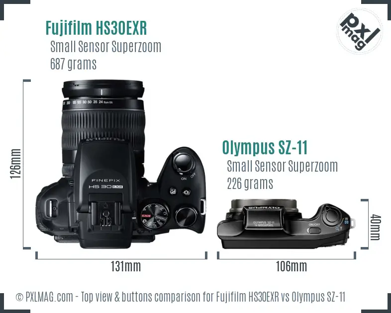 Fujifilm HS30EXR vs Olympus SZ-11 top view buttons comparison