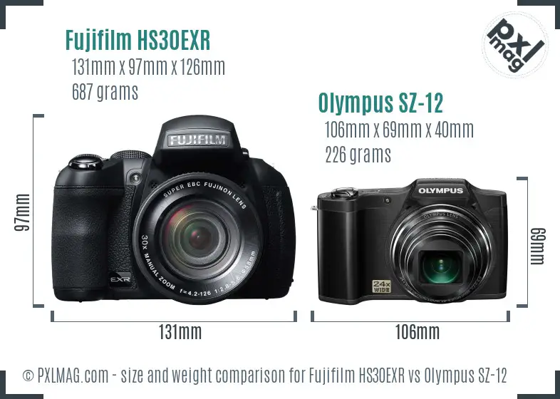 Fujifilm HS30EXR vs Olympus SZ-12 size comparison