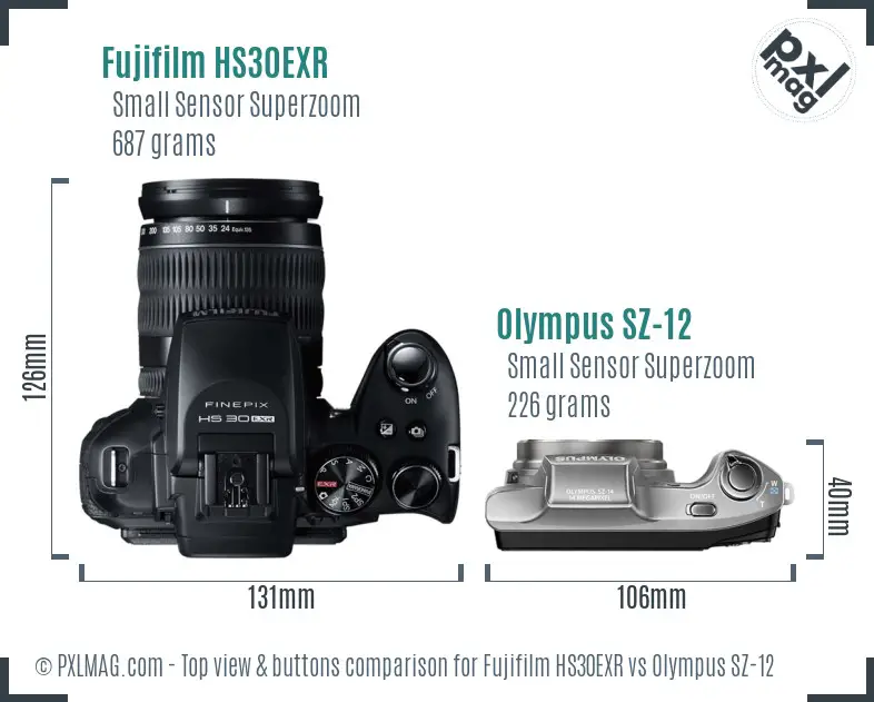 Fujifilm HS30EXR vs Olympus SZ-12 top view buttons comparison