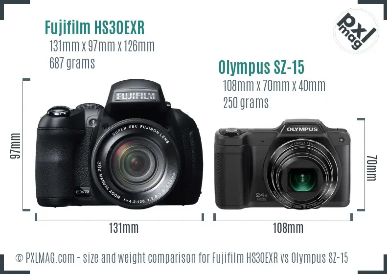 Fujifilm HS30EXR vs Olympus SZ-15 size comparison Fujifilm HS30EXR vs Olympus SZ-15 size comparison