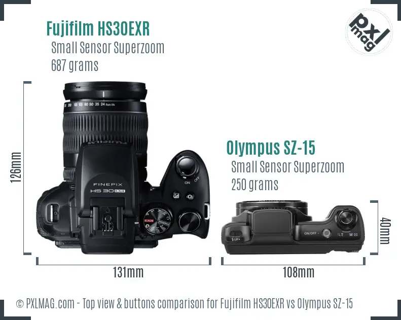 Fujifilm HS30EXR vs Olympus SZ-15 top view buttons comparison Fujifilm HS30EXR vs Olympus SZ-15 top view buttons comparison