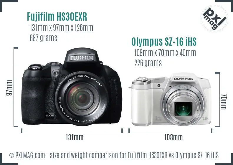 Fujifilm HS30EXR vs Olympus SZ-16 iHS size comparison Fujifilm HS30EXR vs Olympus SZ-16 iHS size comparison