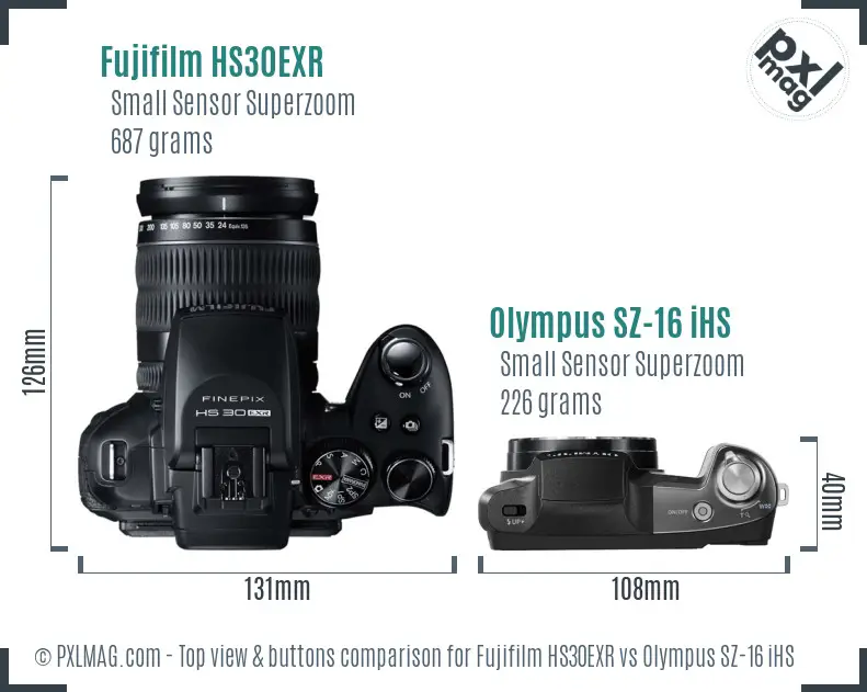 Fujifilm HS30EXR vs Olympus SZ-16 iHS top view buttons comparison Fujifilm HS30EXR vs Olympus SZ-16 iHS top view buttons comparison