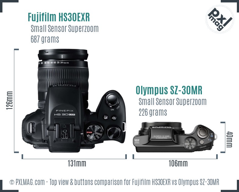 Fujifilm HS30EXR vs Olympus SZ-30MR top view buttons comparison