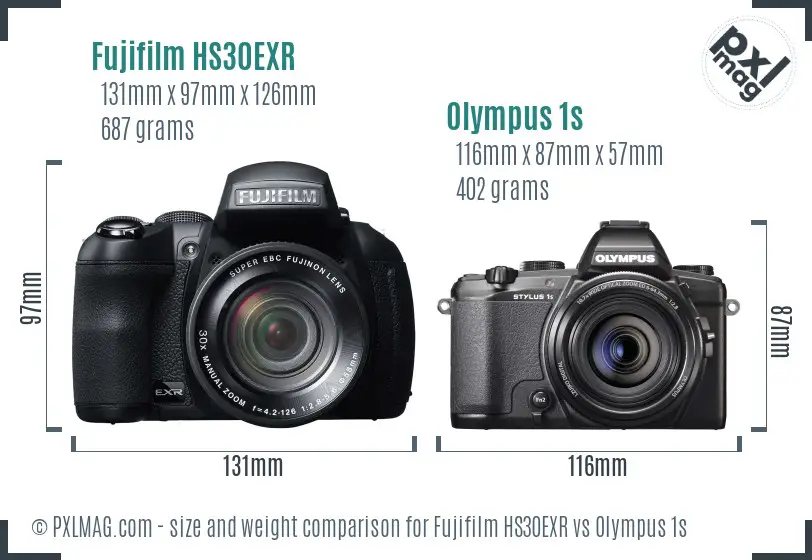 Fujifilm HS30EXR vs Olympus 1s size comparison