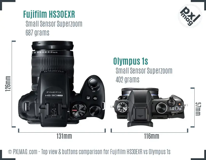 Fujifilm HS30EXR vs Olympus 1s top view buttons comparison