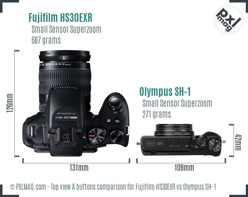 Fujifilm HS30EXR vs Olympus SH-1 top view buttons comparison