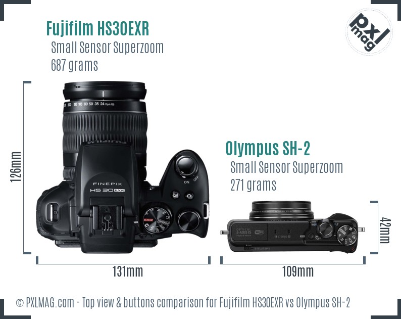 Fujifilm HS30EXR vs Olympus SH-2 top view buttons comparison