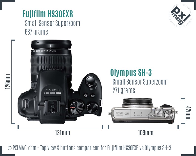 Fujifilm HS30EXR vs Olympus SH-3 top view buttons comparison