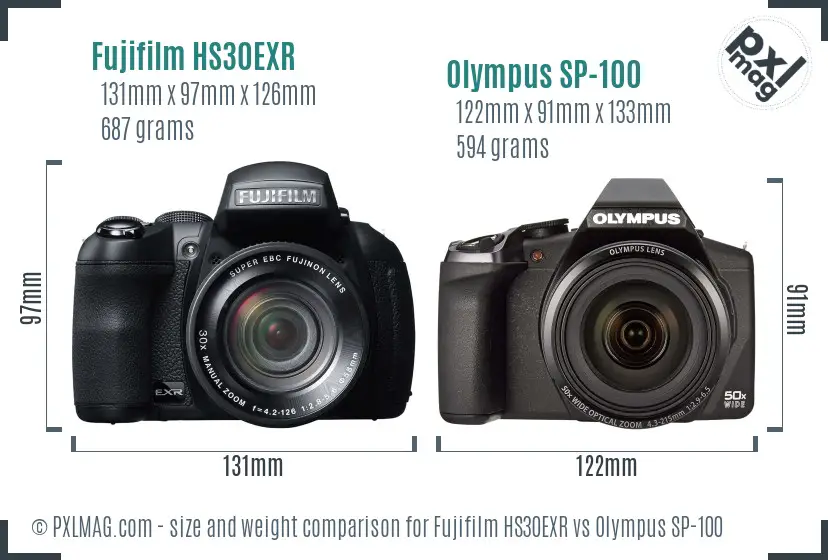 Fujifilm HS30EXR vs Olympus SP-100 size comparison
