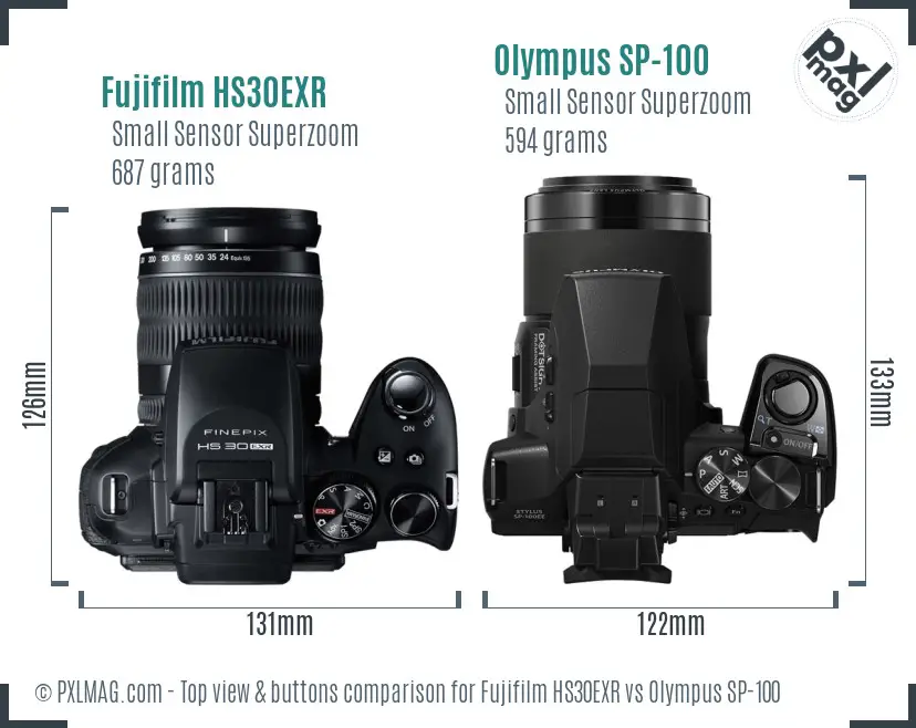 Fujifilm HS30EXR vs Olympus SP-100 top view buttons comparison