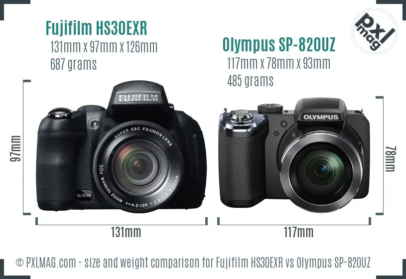 Fujifilm HS30EXR vs Olympus SP-820UZ size comparison