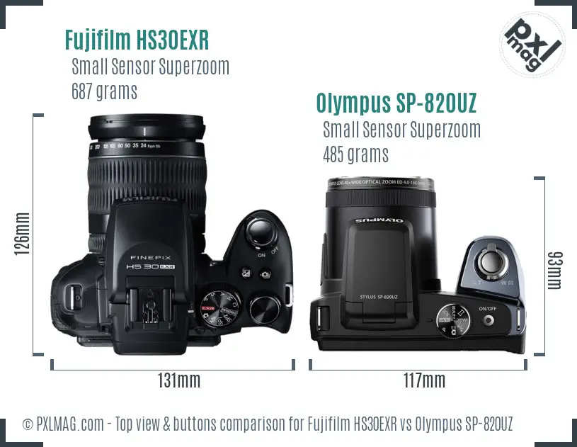 Fujifilm HS30EXR vs Olympus SP-820UZ top view buttons comparison
