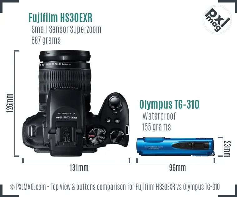 Fujifilm HS30EXR vs Olympus TG-310 top view buttons comparison