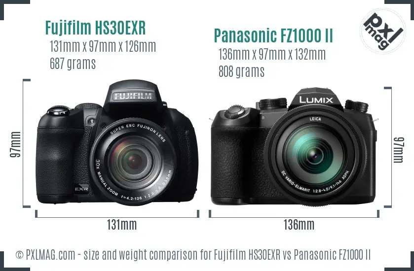 Fujifilm HS30EXR vs Panasonic FZ1000 II size comparison
